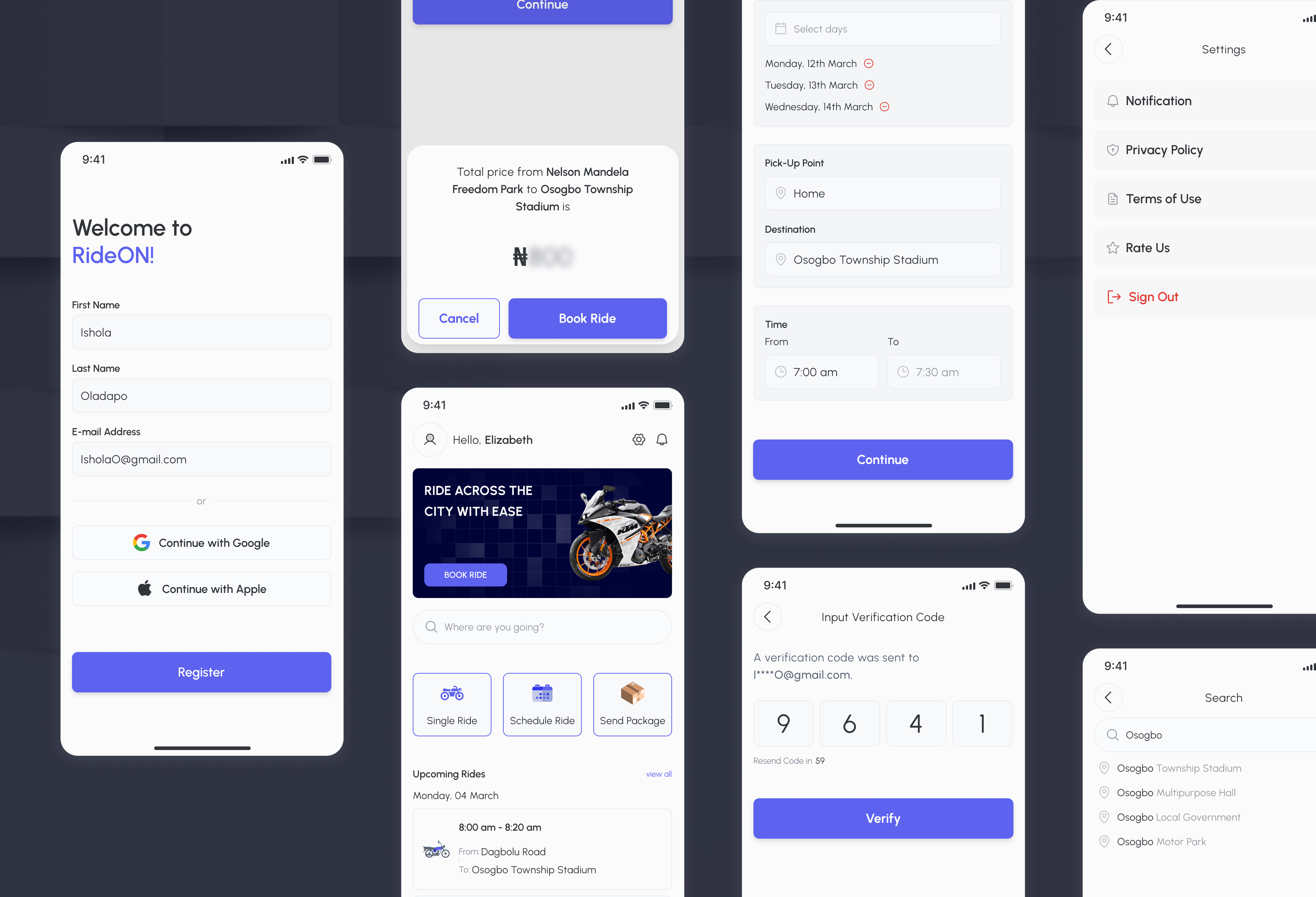 RideON — map and booking screen